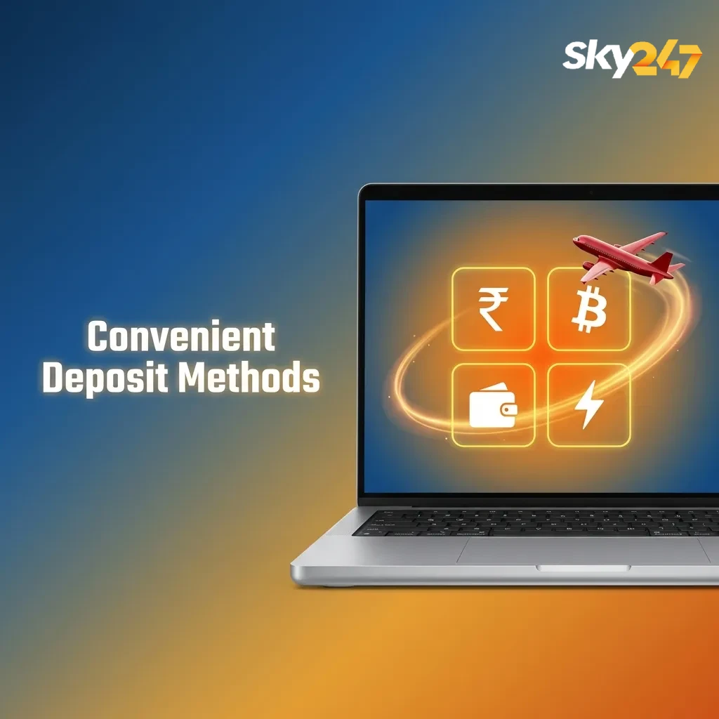 Multiple payment icons showing UPI, Paytm, Google Pay, PhonePe, and cryptocurrency options for Sky247 deposits in India.