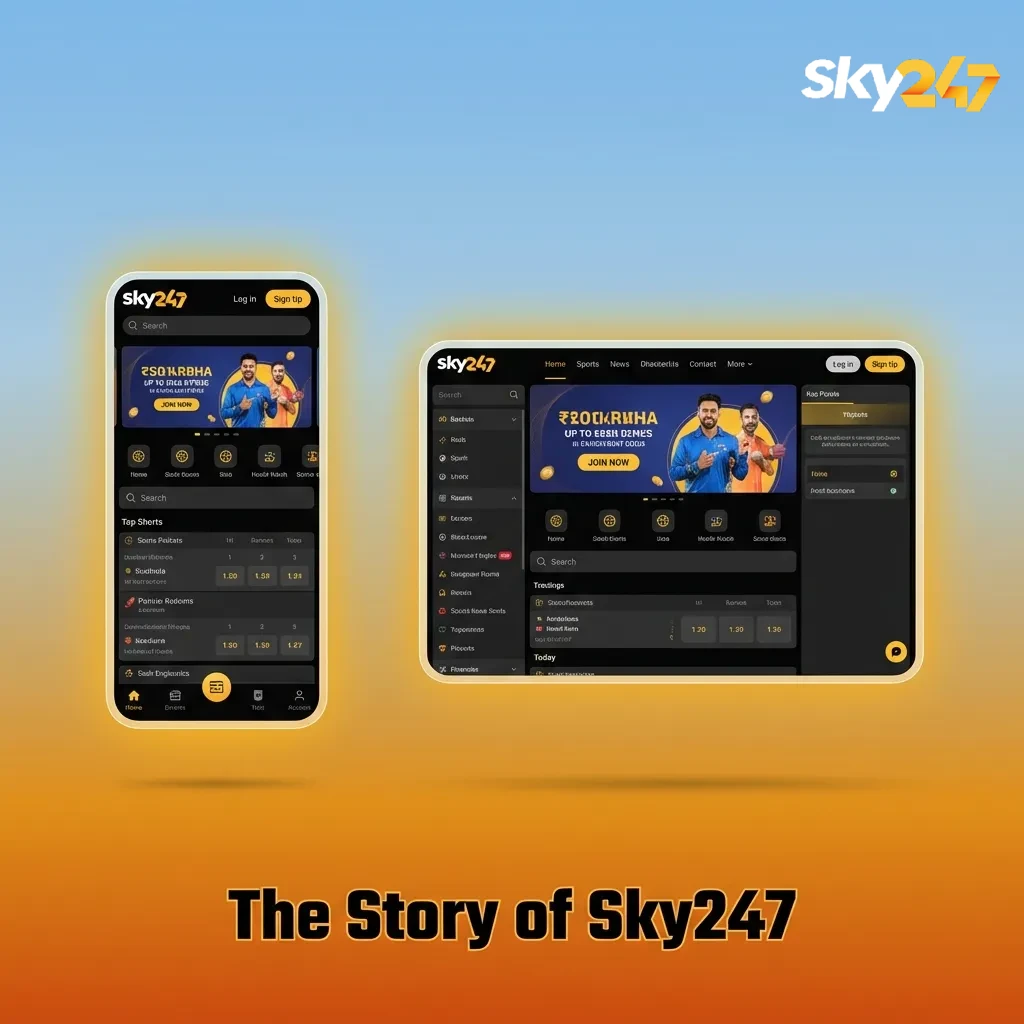 Sky247 gaming platform interface showing sports betting and casino options, established 2019, licensed in Curaçao.