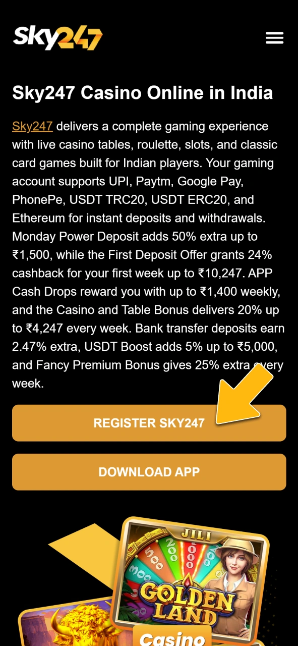 Register your new gaming account on the official Sky247 website.