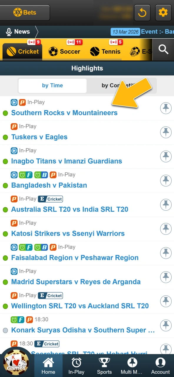 Select a cricket match market on the official Sky247 portal.