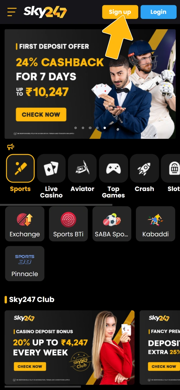 Register your betting account on the official Sky247 brand website.