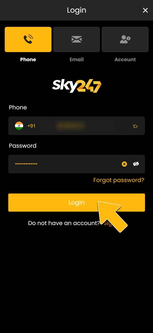 Log in to your account on the official Sky247 brand website.