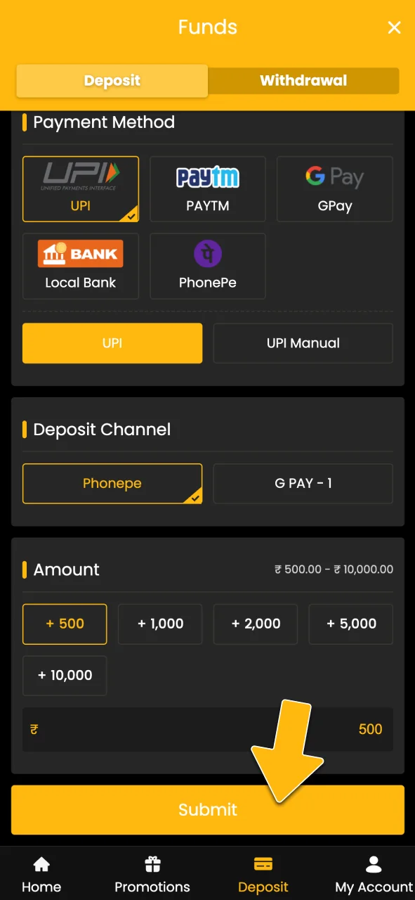 Add funds to your Sky247 balance quickly.