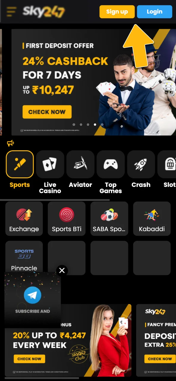 Create an account or log in at Sky247.