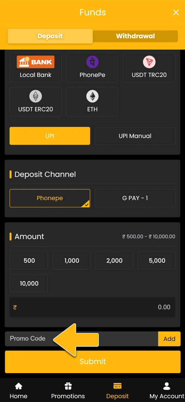 Enter your promo code on the official Sky247 payment page.