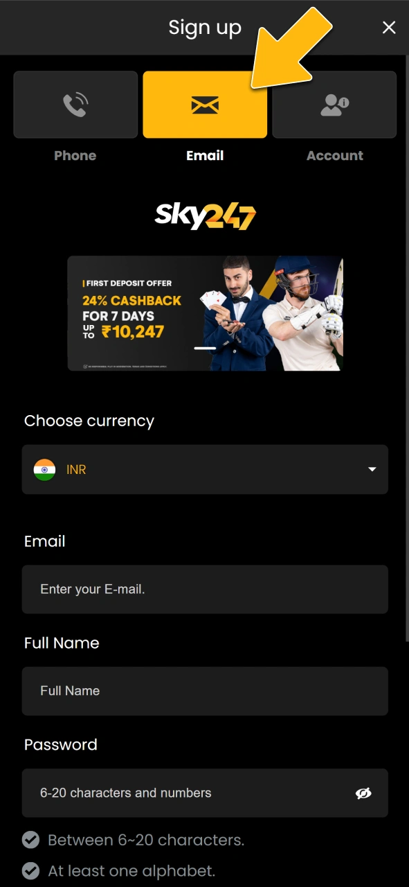 Choose your registration method on the official Sky247 brand platform.