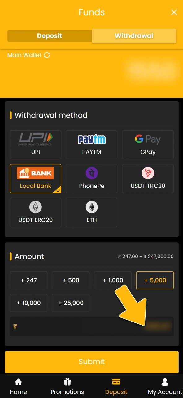 Input the withdrawal amount on the official Sky247 brand site.