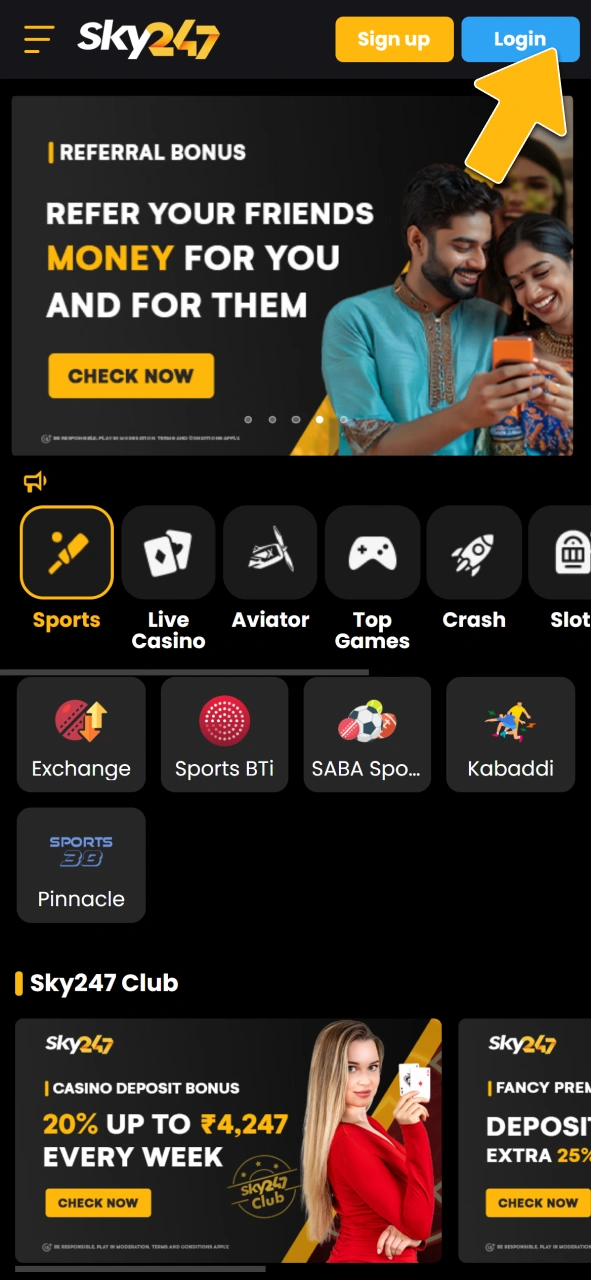 Access your banking section on the official Sky247 brand website.