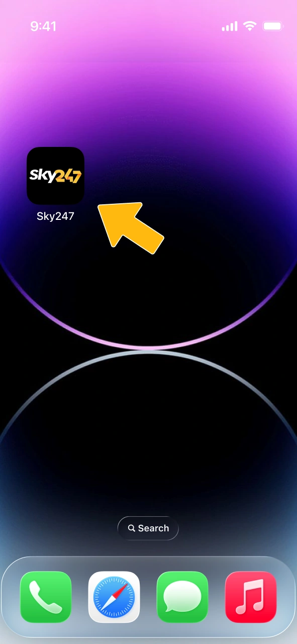 Begin the setup process for the Sky247 app on your Apple device.