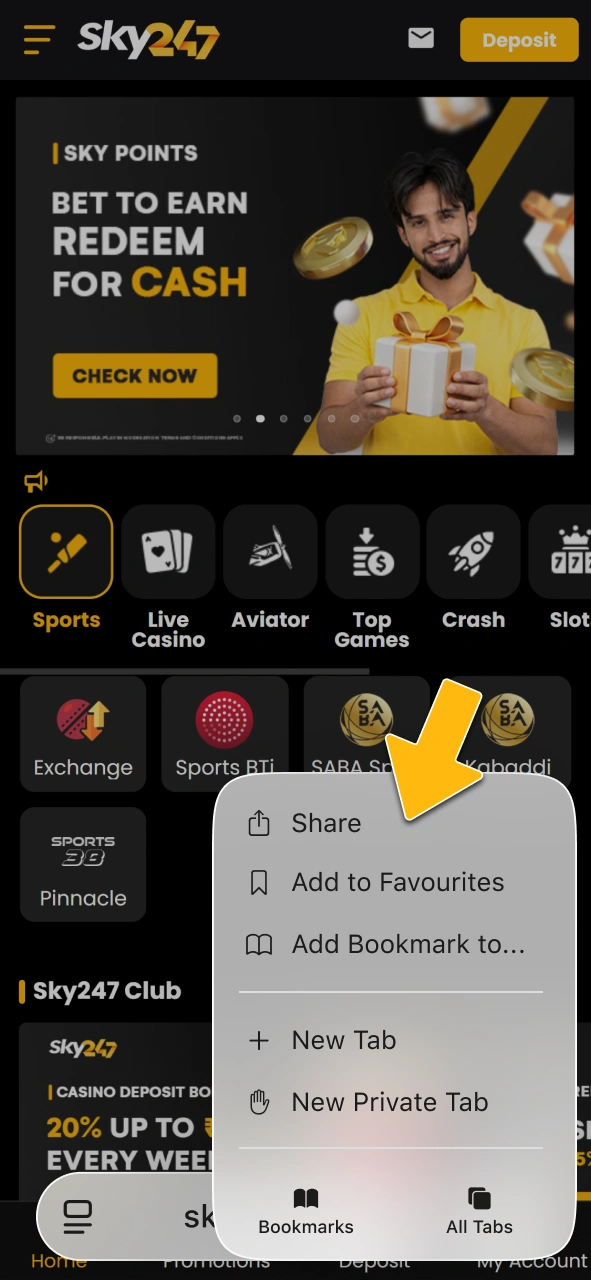 Click the share icon to start adding Sky247 to your device.