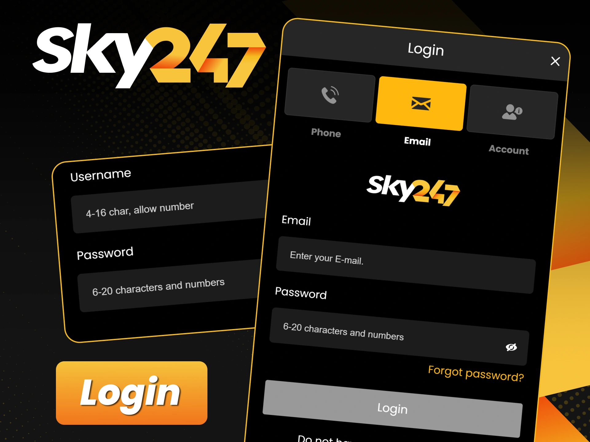 Enter your credentials to log in to the Sky247 mobile platform.
