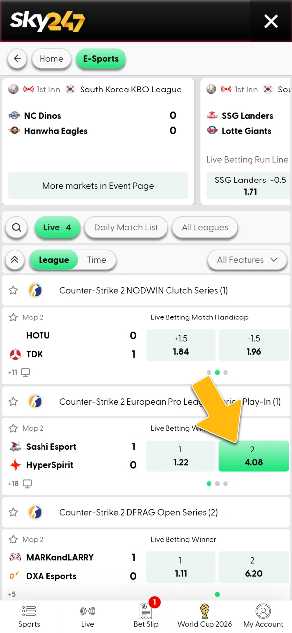 Select your preferred match event and competitive odds at official Sky247.