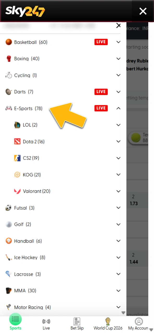 Navigate to the dedicated online esports sportsbook section via official Sky247.Navigate to the dedicated online esports sportsbook section via official Sky247.