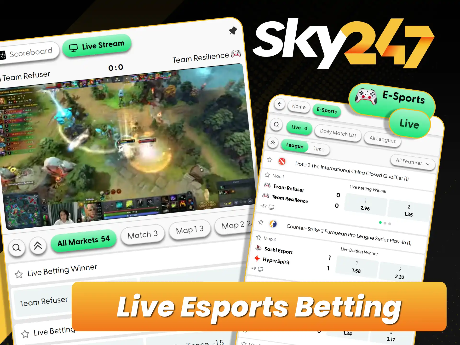 Enjoy fast paced live in play esports betting at official Sky247.