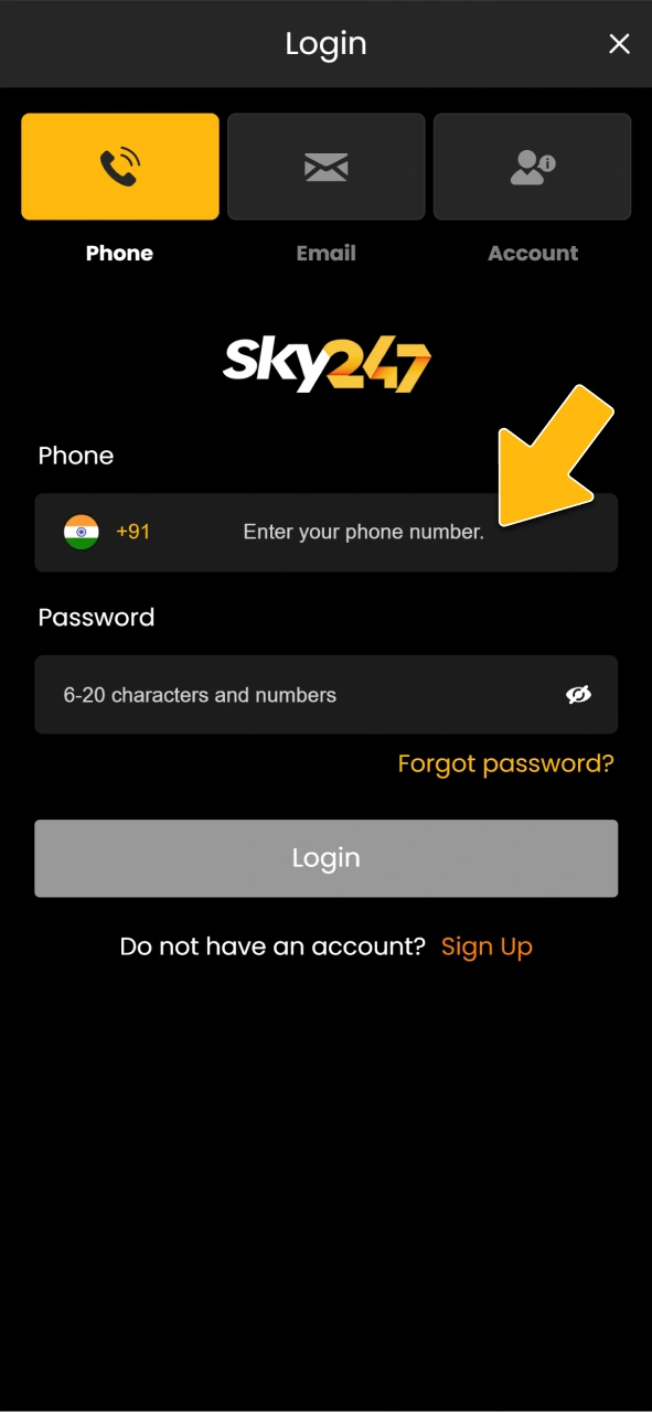 Authorize your private user profile account on the official Sky247.