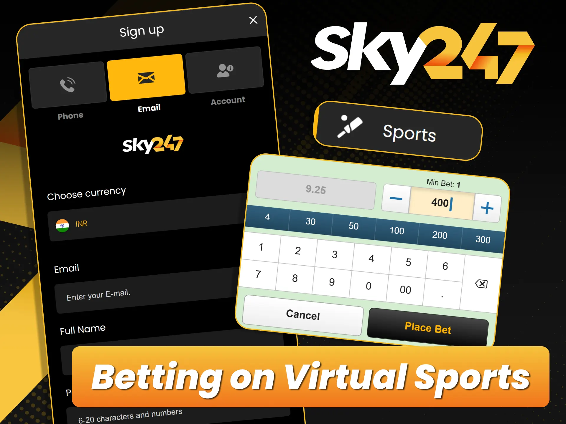 Place real money wagers on virtual matches via official Sky247.
